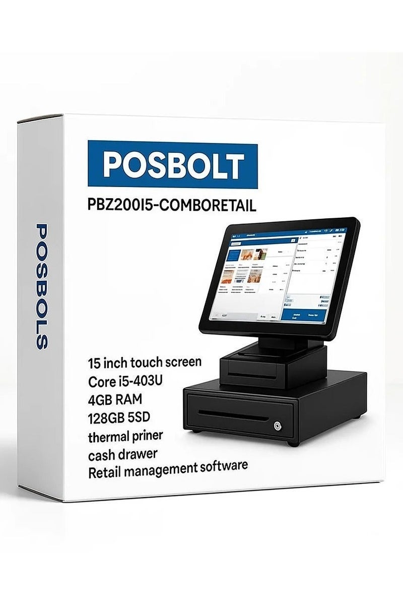 بوسبورت مجموعة نظام نقاط البيع بالتجزئة POSBOLT مع البرنامج (Core i5، ذاكرة وصول عشوائي 4 جيجابايت، قرص SSD 128 جيجابايت، شاشة تعمل باللمس مقاس 15 بوصة) - Image 4