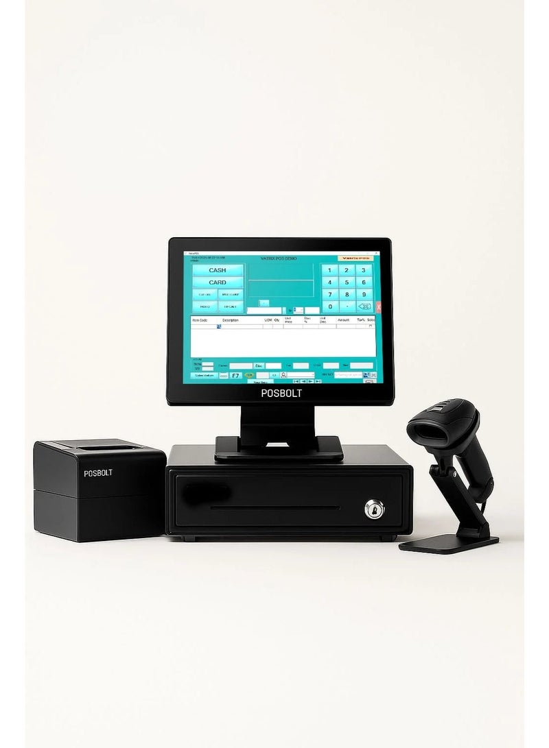 بوسبورت مجموعة نظام نقاط البيع بالتجزئة POSBOLT مع البرنامج (Core i5، ذاكرة وصول عشوائي 4 جيجابايت، قرص SSD 128 جيجابايت، شاشة تعمل باللمس مقاس 15 بوصة) - Image 1