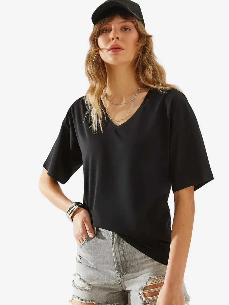 Bianco Lucci LUCCI V-Neck Short Sleeve Elastic T-Shirt