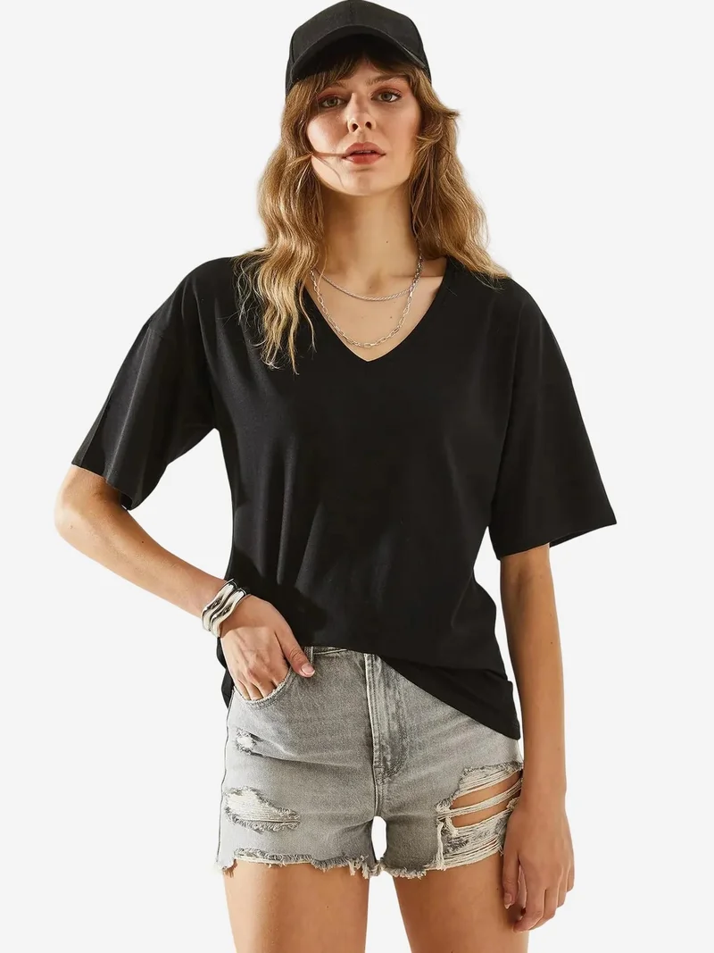 Bianco Lucci LUCCI V-Neck Short Sleeve Elastic T-Shirt