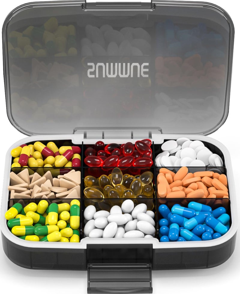 SUMMUE Large Pill Organizer 9 Compartments Portable Travel Pill Box Case Moisture Proof XL Pill Container Holder for Vitamins Cod Liver Oil Supplements Medication Black