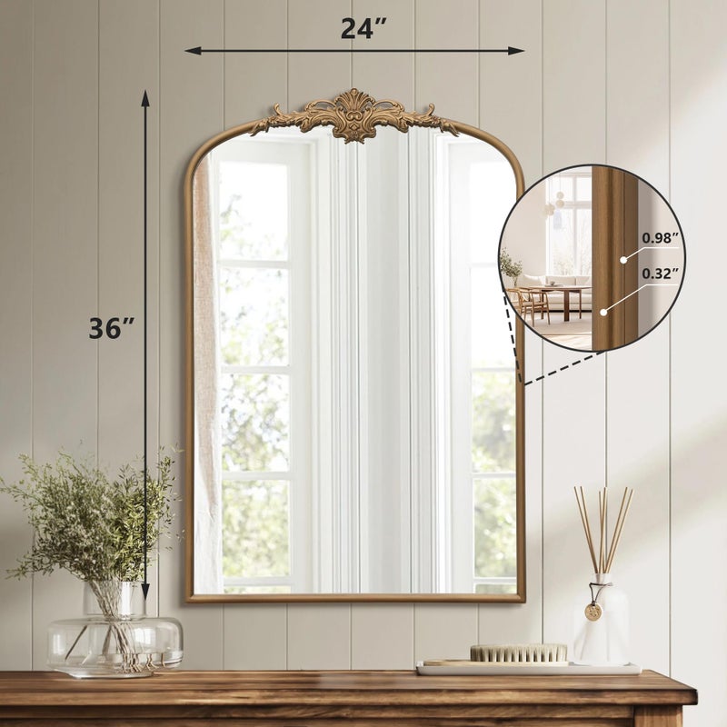 Besdomus Antique Gold Arched Mirror: 24"x36" Large Arch Gold Vintage Wall Mounted Mirror - Traditional Ornate Home Decor for Entryway/Fireplace/Bathroom/Bedroom - Idea for Fashion-Conscious - Image 4