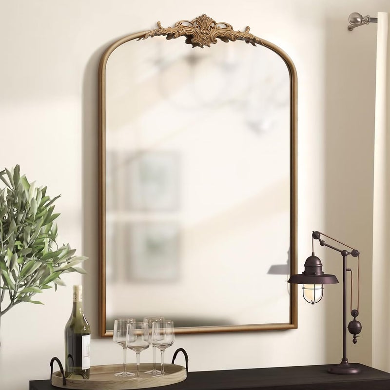 Besdomus Antique Gold Arched Mirror: 24"x36" Large Arch Gold Vintage Wall Mounted Mirror - Traditional Ornate Home Decor for Entryway/Fireplace/Bathroom/Bedroom - Idea for Fashion-Conscious - Image 1