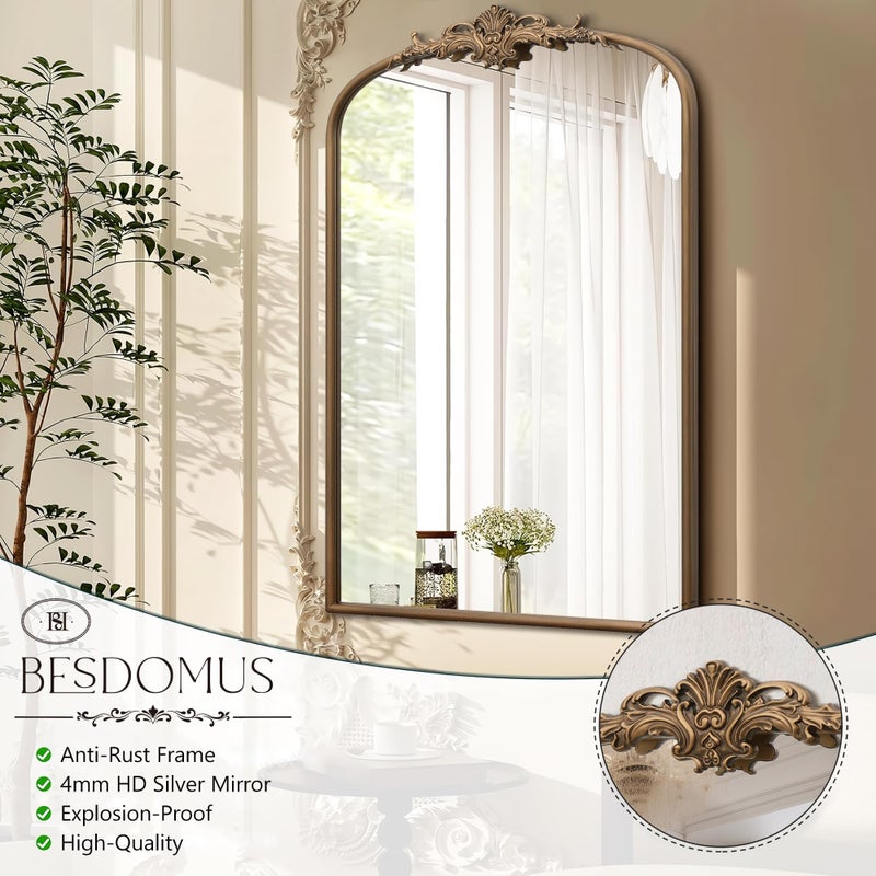 Besdomus Antique Gold Arched Mirror: 24"x36" Large Arch Gold Vintage Wall Mounted Mirror - Traditional Ornate Home Decor for Entryway/Fireplace/Bathroom/Bedroom - Idea for Fashion-Conscious - Image 5