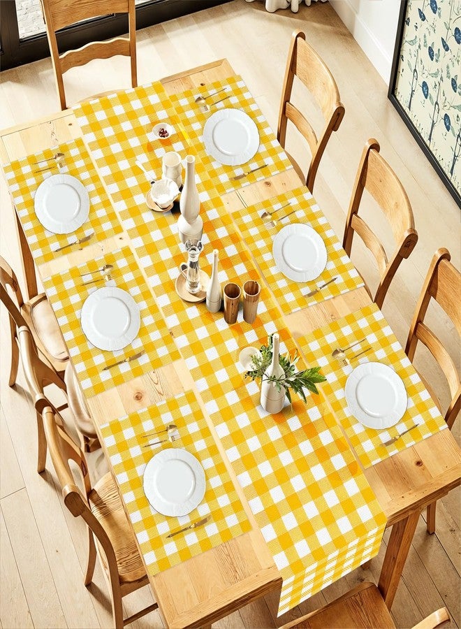 ANNA QUEEN Spring Gingham Table Runner and Placemats Set of 6 – 13"x72" Table Runner & 12"x18" Placemats, Yellow Checkered Farmhouse Picnic Style Dining Table Decor - Image 1