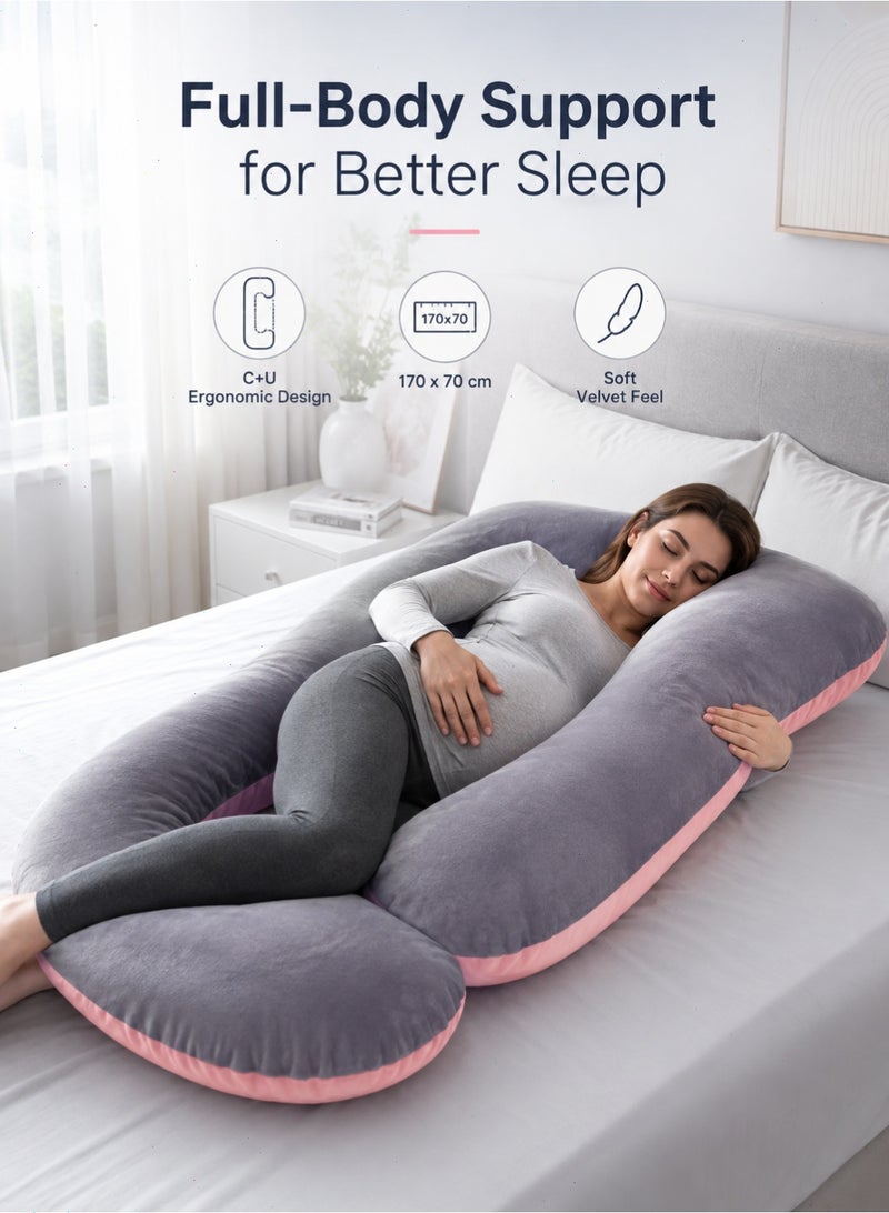 Pregnancy Pillow, G-Shaped Full Body Maternity Pillow with Removable Washable Velvet Cover, 170cm Side Sleeper Support Pillow, Pink & Grey - Image 1