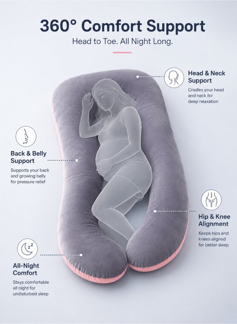 Pregnancy Pillow, G-Shaped Full Body Maternity Pillow with Removable Washable Velvet Cover, 170cm Side Sleeper Support Pillow, Pink & Grey - Image 3