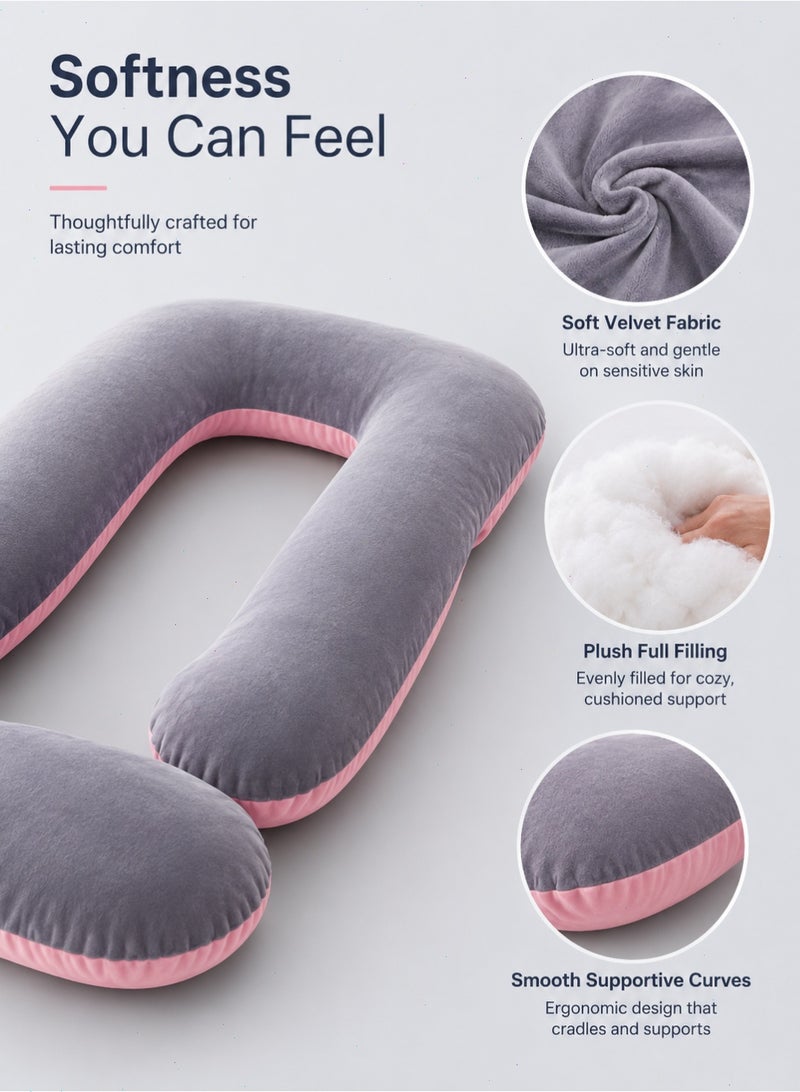 Pregnancy Pillow, G-Shaped Full Body Maternity Pillow with Removable Washable Velvet Cover, 170cm Side Sleeper Support Pillow, Pink & Grey - Image 4