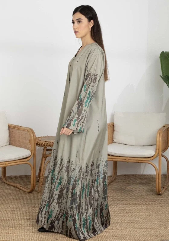 MSquare Fashion Msquare Fashion Green Abstract Print Wide Sleeves Taffeta Women's Abaya with Hijab