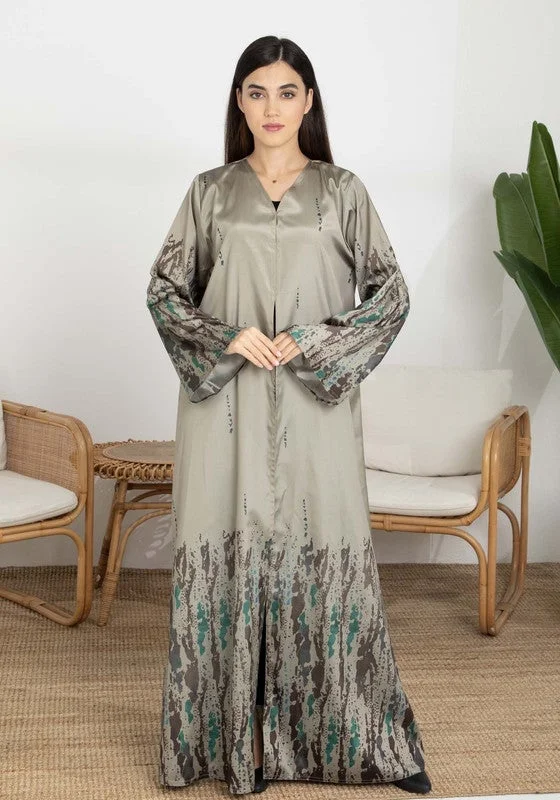 MSquare Fashion Msquare Fashion Green Abstract Print Wide Sleeves Taffeta Women's Abaya with Hijab