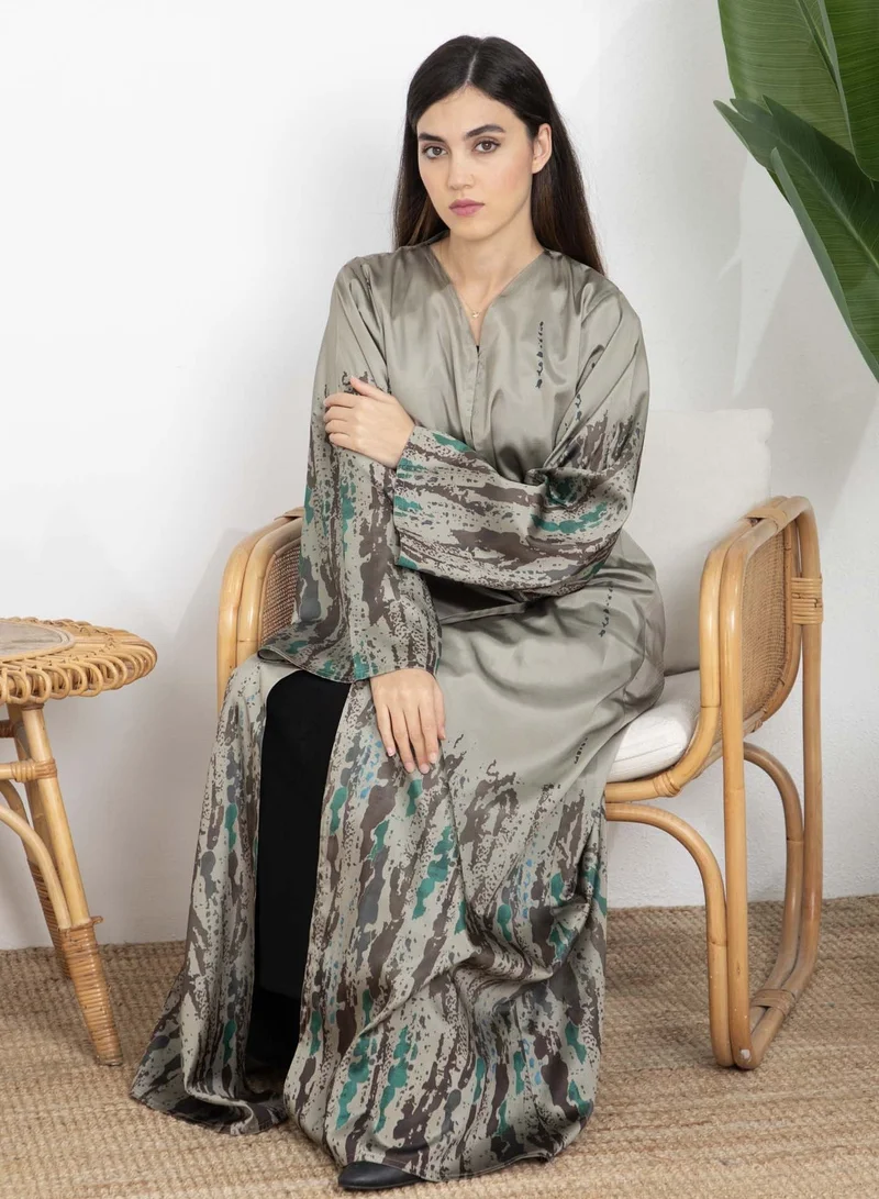 MSquare Fashion Msquare Fashion Green Abstract Print Wide Sleeves Taffeta Women's Abaya with Hijab