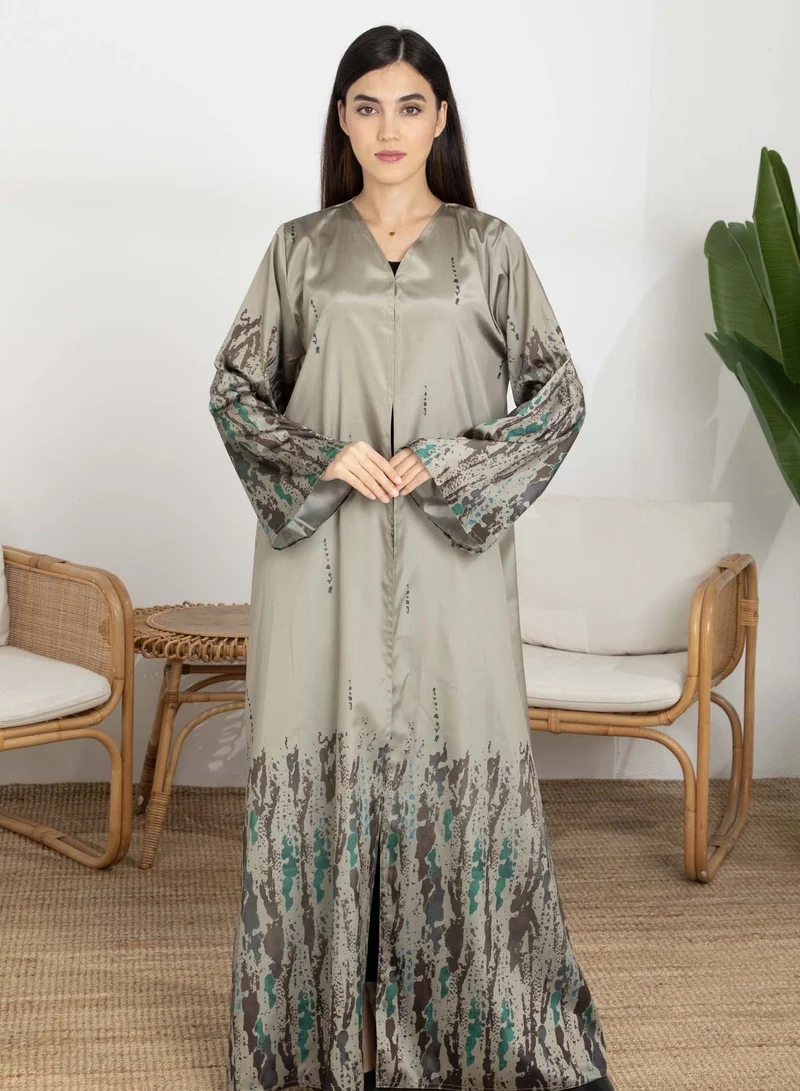 MSquare Fashion Msquare Fashion Green Abstract Print Wide Sleeves Taffeta Women's Abaya with Hijab