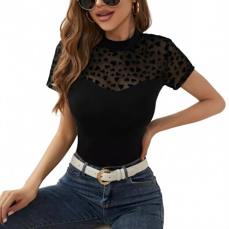 Women's Fashionable Mesh Heart Patch Short Sleeve Stand Collar Slim Fit T-Shirt Top - Image 1