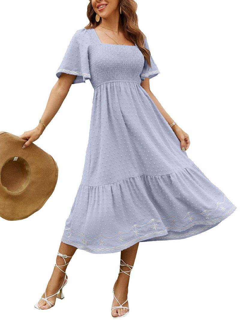 Glamaker Women's Short Sleeve Smocked Square Neck A Line Summer Flowy Midi Dress Light Blue Small - Image 1