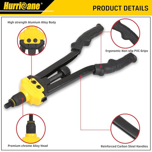 Hurricane أداة ريفيت نت هوريكان 16 بوصة، أداة يدوية لريفيت نت مع 13 قوالب مقياس و SAE، 130 قطعة من صواميل ريفيت ملولبة، أداة نتسرت ريفنوت ذات إطلاق تلقائي، أداة يدوية ريفيت نت متينة، علبة بلاستيكية قوية - Image 4