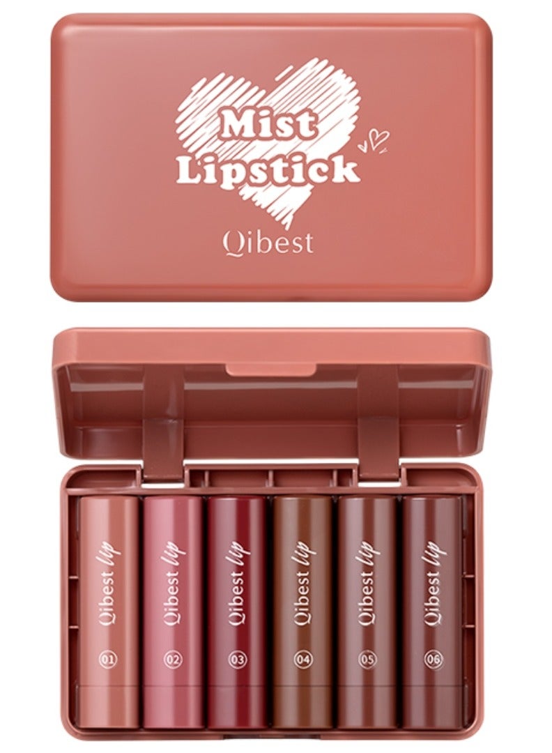 QiBest 6Pcs Mist Lipstick Set Lipstick & Lip Liner Multi Use Long Lasting Waterproof Non Drying Matte Lipsticks Set Orange Tea Brown Pumpkin Curry Jam Cinnamon 6 Colors (1.2gx6) - Image 1