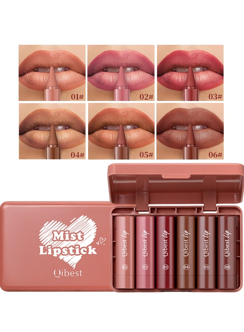 QiBest 6Pcs Mist Lipstick Set Lipstick & Lip Liner Multi Use Long Lasting Waterproof Non Drying Matte Lipsticks Set Orange Tea Brown Pumpkin Curry Jam Cinnamon 6 Colors (1.2gx6) - Image 2