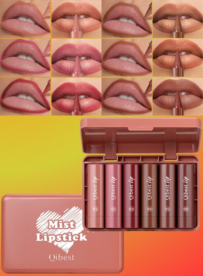 QiBest 6Pcs Mist Lipstick Set Lipstick & Lip Liner Multi Use Long Lasting Waterproof Non Drying Matte Lipsticks Set Orange Tea Brown Pumpkin Curry Jam Cinnamon 6 Colors (1.2gx6) - Image 1