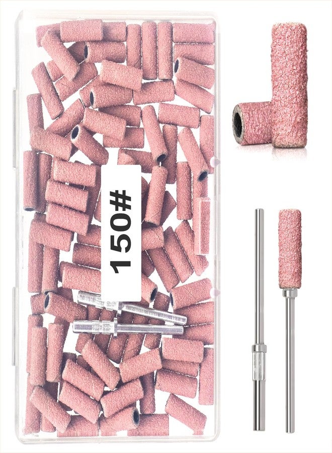 BLESWIN Small Sanding Bands for Nail Drill, 100pcs Mini Bands 150 Fine Grit Nail File Sanding Bands with Upgrade 2pcs 3/32'' Mandrels Bits, for Acrylic Nail Gel Removal, Plastic Polishing Manicure, Pink - Image 1