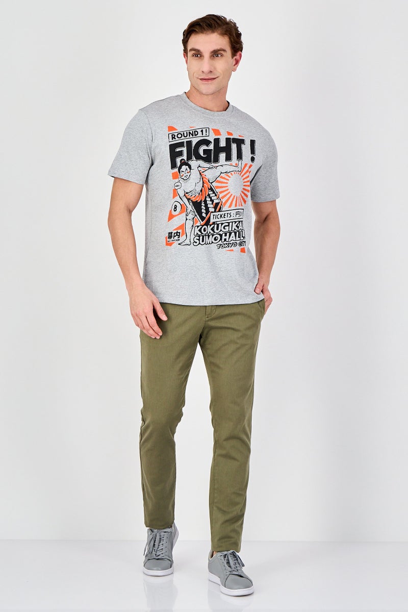 YOTO Men Crew Neck Short Sleeves Graphic Print T-Shirt, Light Grey - Image 4