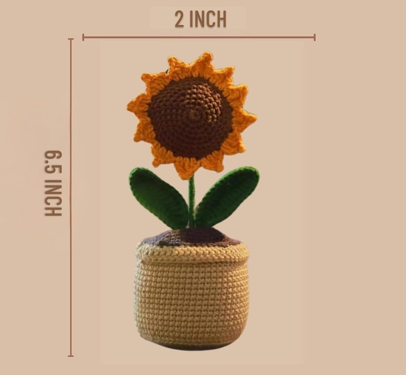 VRB Dec Plastic TM 1 Pcs Crochet Flowers Artificial Sunflower for Office Desk Car Dashboard Decor,Home Decoration, Office, Bedroom, Christmas Decor, Wedding (Sunflower with Crochet Pot) - Image 2