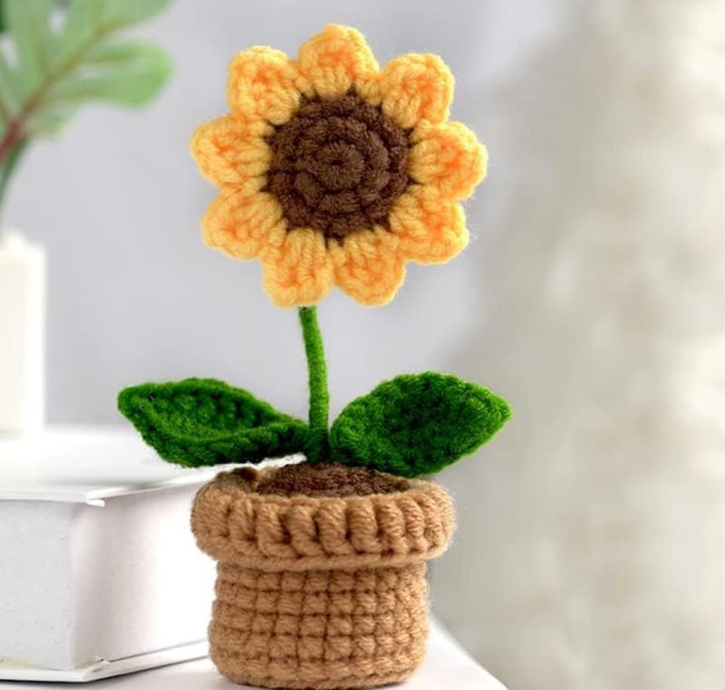 VRB Dec Plastic TM 1 Pcs Crochet Flowers Artificial Sunflower for Office Desk Car Dashboard Decor,Home Decoration, Office, Bedroom, Christmas Decor, Wedding (Sunflower with Crochet Pot) - Image 1