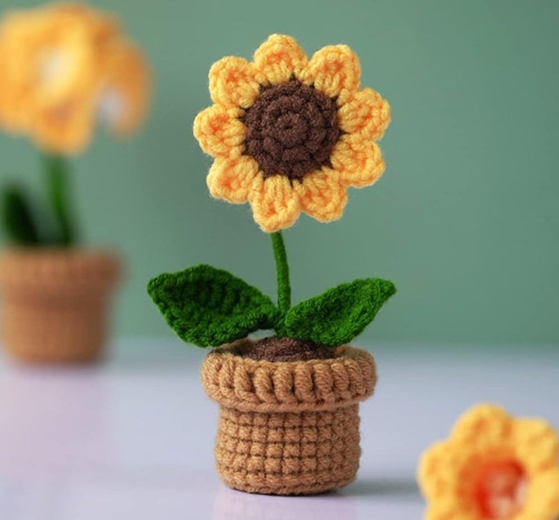 VRB Dec Plastic TM 1 Pcs Crochet Flowers Artificial Sunflower for Office Desk Car Dashboard Decor,Home Decoration, Office, Bedroom, Christmas Decor, Wedding (Sunflower with Crochet Pot) - Image 3