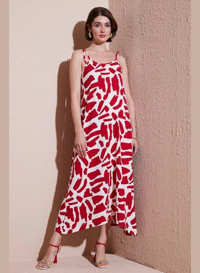 Lela Lela Patterned Midi Length Oversize Fit Tie-Strap Crew Neck Dress Women's Dress 5869009