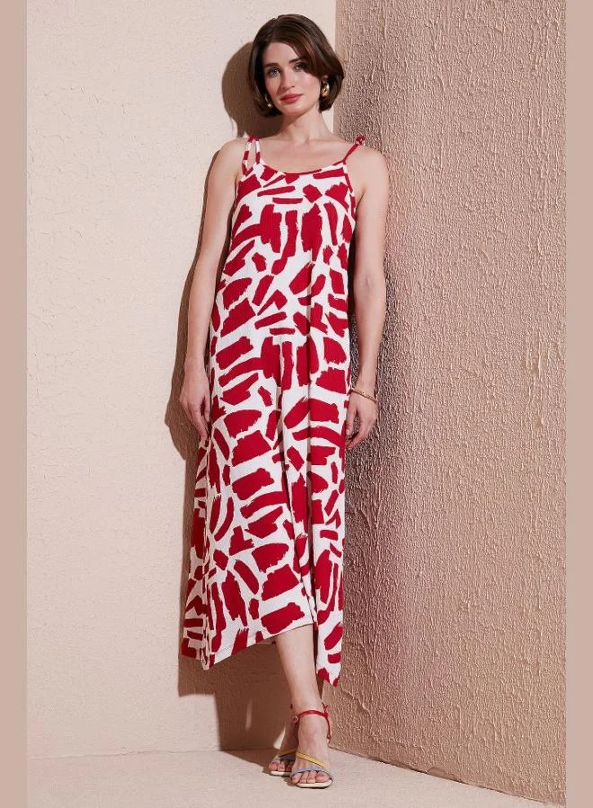 Lela Lela Patterned Midi Length Oversize Fit Tie-Strap Crew Neck Dress Women's Dress 5869009