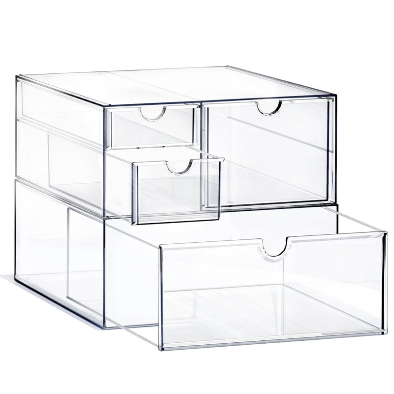 Prsildan Acrylic Drawer Makeup Organizer with 4 Drawers, Set of 2 Office Desk Organizers Accessories, Clear Stackable Storage Drawers for Vanity, Countertop, Craft, Jewelry, Art Supply Organization - Image 1