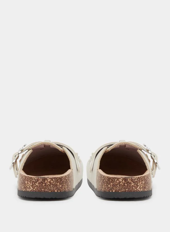 Styli  Beige Floral Buckle Mules for Women | Best Price UAE