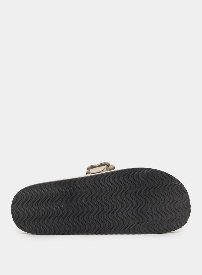 Styli  Beige Floral Buckle Mules for Women | Best Price UAE