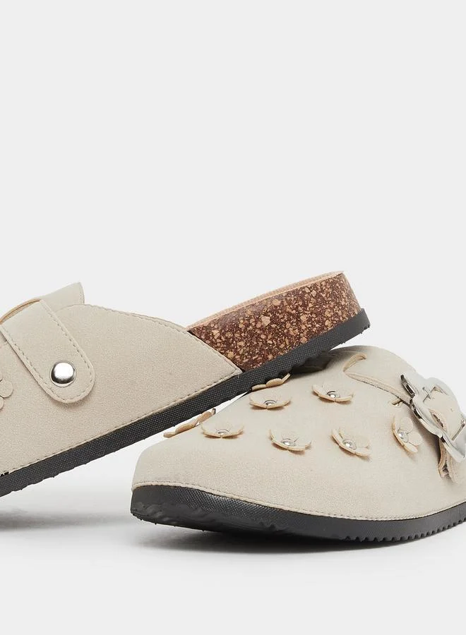 Styli  Beige Floral Buckle Mules for Women | Best Price UAE