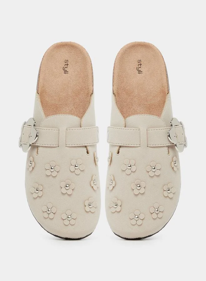 Styli  Beige Floral Buckle Mules for Women | Best Price UAE