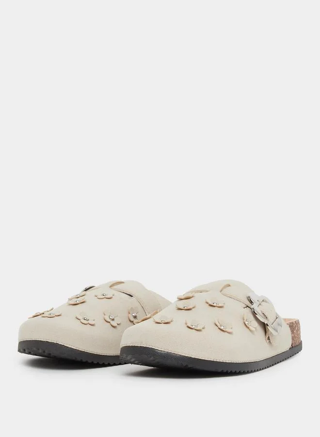 Styli Beige Floral Buckle Mules