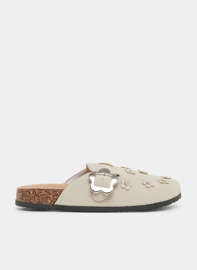 Styli Beige Floral Buckle Mules