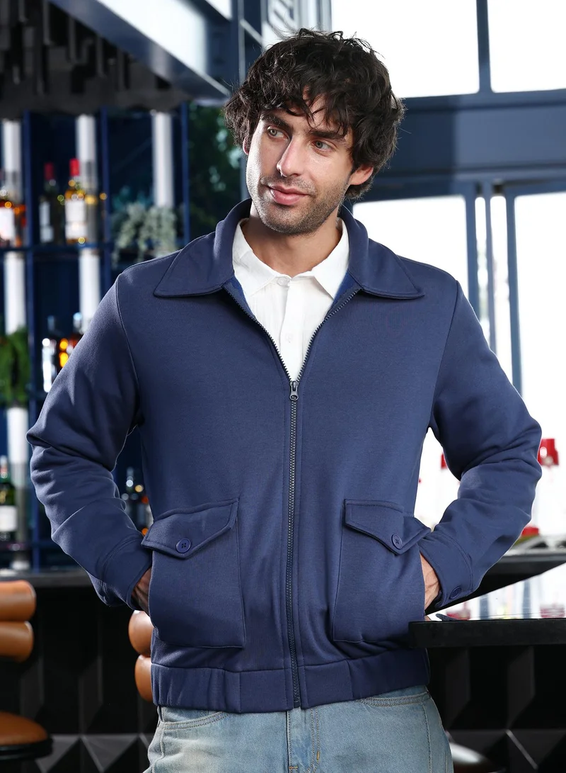 Campus Sutra Men Zip-Front Knit Jacket | Point Collar, Long Button Cuff Sleeves | Zipper , Stretch-Straight Hem | Solid Plain | Knitted Fabric For Casual & Daily Wear | Indigo Blue