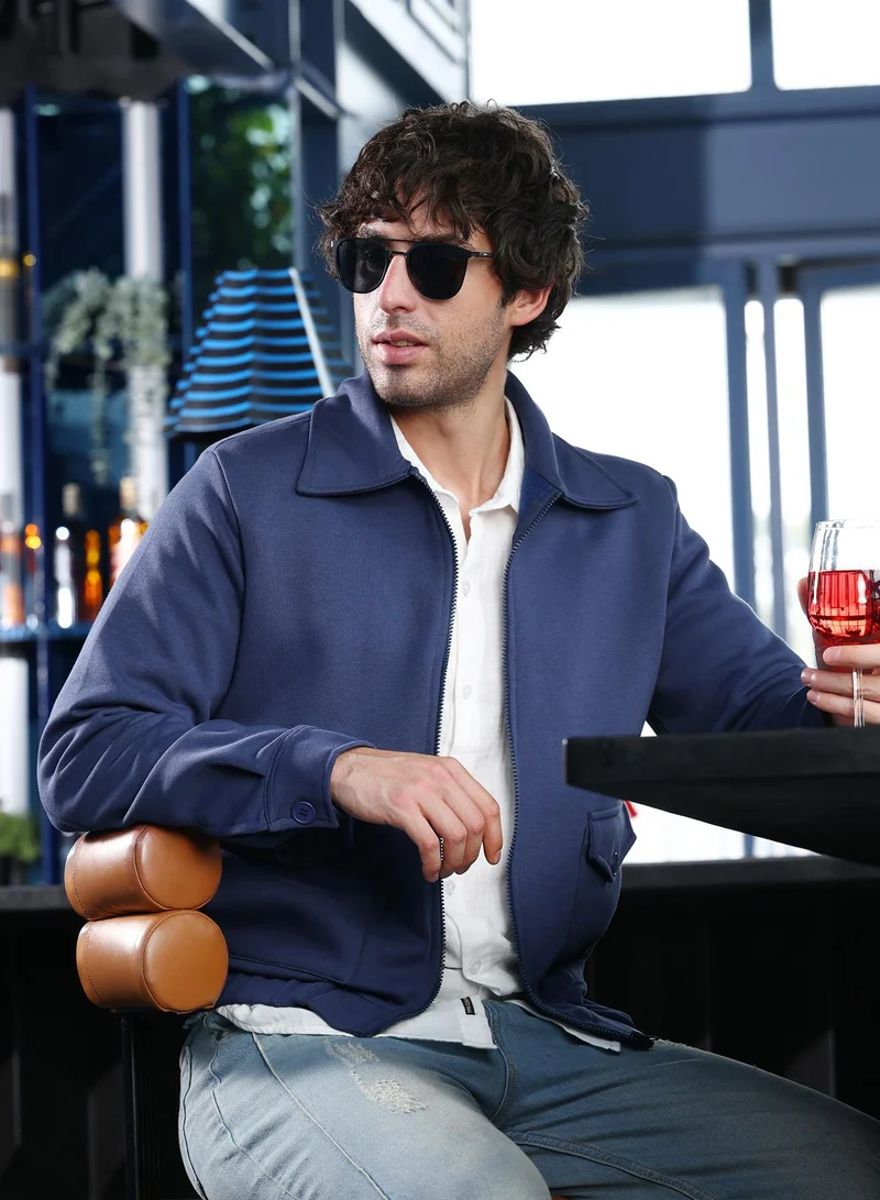 Campus Sutra Men Zip-Front Knit Jacket | Point Collar, Long Button Cuff Sleeves | Zipper , Stretch-Straight Hem | Solid Plain | Knitted Fabric For Casual & Daily Wear | Indigo Blue