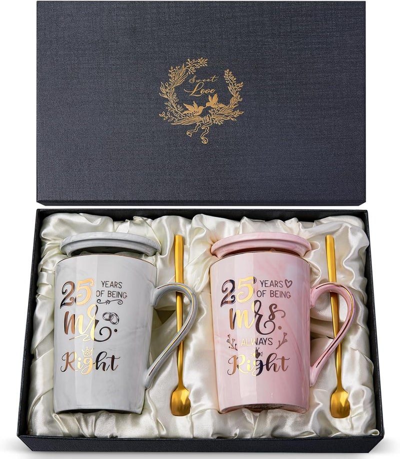 ALBISS Tiered cost purchase alternatives 25th Wedding Anniversary Gifts for Couple, Unique Coffee Mugs Set, 14oz Ceramic Marble Cups With Lid, Spoons, Card, Gift Box Ideas Gift Mr Right Mrs Always Right for Married Couples, Anniversary Heat insulation layer - Image 1