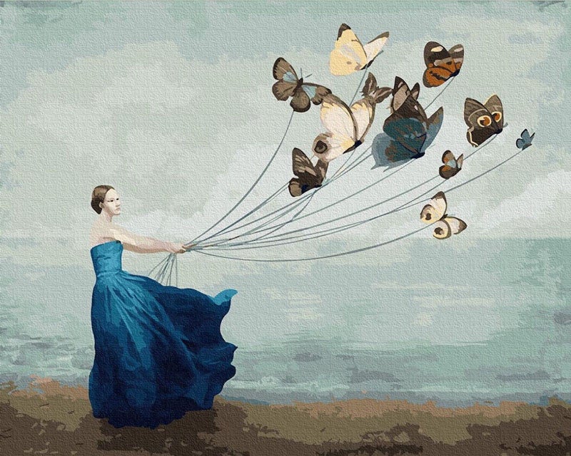 LukFun Paint by Numbers for Adults, DIY Acrylic Painting Kits, Butterfly & Lady at Seaside, 16 x 20 inch (Flying Butterflies, Without Frame) - Image 1