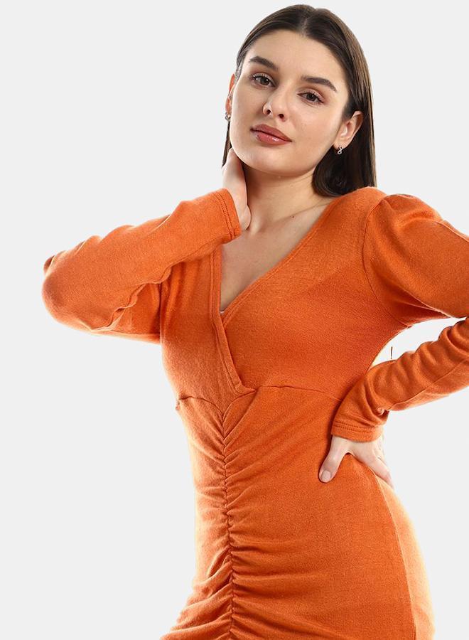 kady Jamila Women Front Gathered V Neck Slip On Dress ,orange-XXL - Image 4