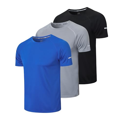frueo 3 Pack Running Shirts for Men Active Sport Quick Dry Gym T-Shirts,520,Black Gray Blue,L - Image 1