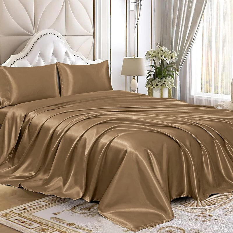 Homiest مجموعة هوميست المكونة من 4 قطع من أغطية الساتان الفاخرة والحريرية مع جيب عميق، 1 شرشف مطاطي + 1 شرشف مسطح + 2 كيس وسادة (مقاس كينغ، بني ��مل) - Image 1