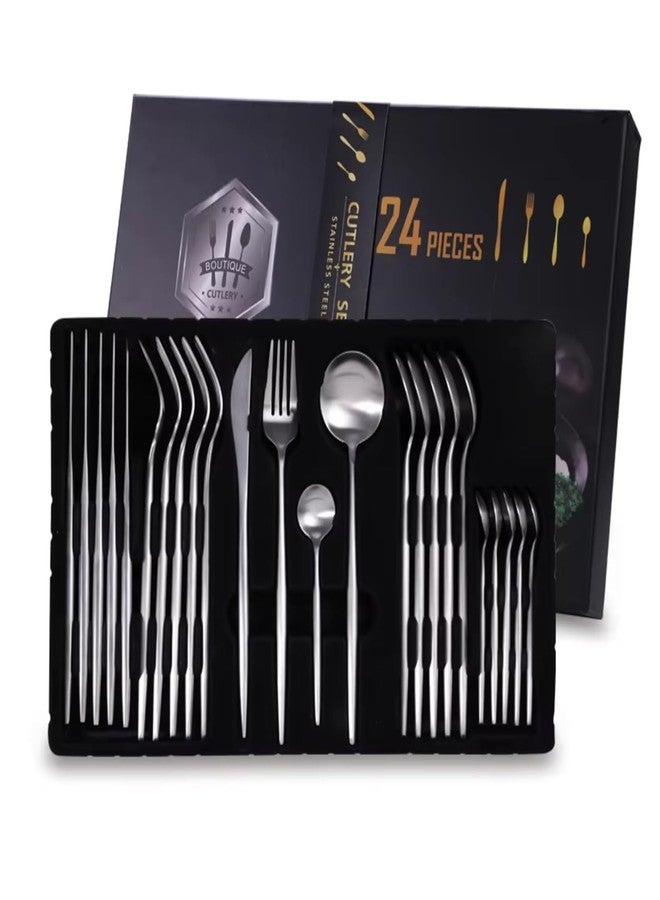 Dhyankeshwer 24-Piece Stainless Steel Flatware Set, Satin Finish French Style, Sterling Silver Colour, Gift Box (Sterling Silver, Pack of 24) - Image 1
