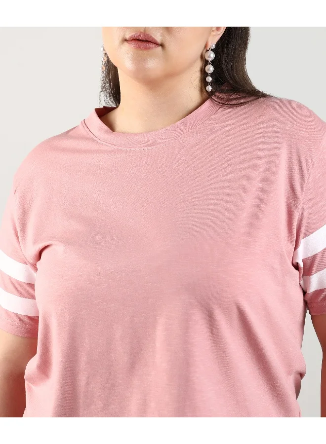 Instafab Plus Women's Light Pink Solid Boxy Top For Casual Wear | Crew Neck | Short Sleeve | Pull On Closure | Plus-Size Top Crafted With Comfort With For Everyday Wear