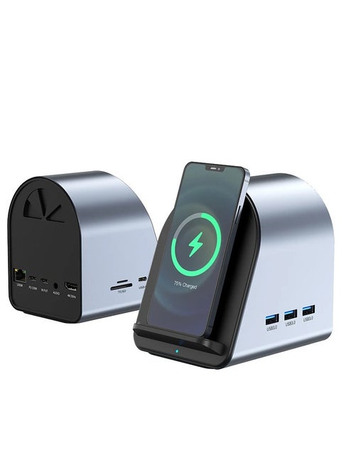 11 in 1 USB C Hub Type C 3.0 To 4k HD Adapter with RJ45 SD/TF Card Reader PD Fast Charge with Wireless Charging 15W USB Adapter