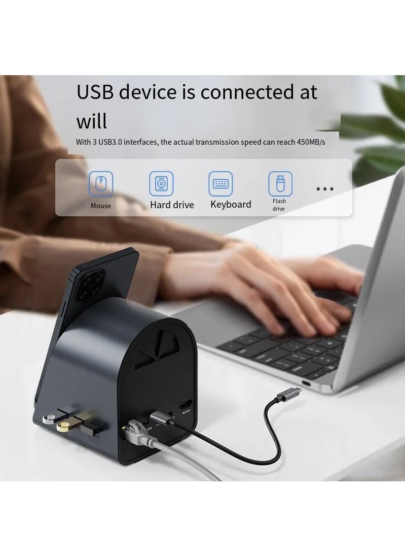 11 in 1 USB C Hub Type C 3.0 To 4k HD Adapter with RJ45 SD/TF Card Reader PD Fast Charge with Wireless Charging 15W USB Adapter