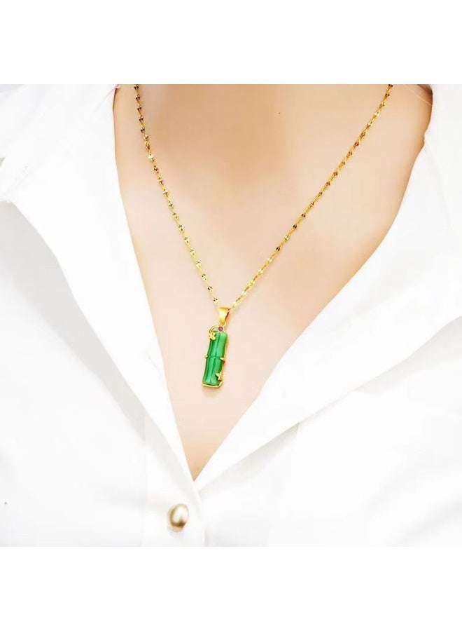 Akali Natural Green Jade Bamboo Pendant Necklace with Gold Plating and Gemstone Detail – Symbol of Growth and Prosperity - Image 1