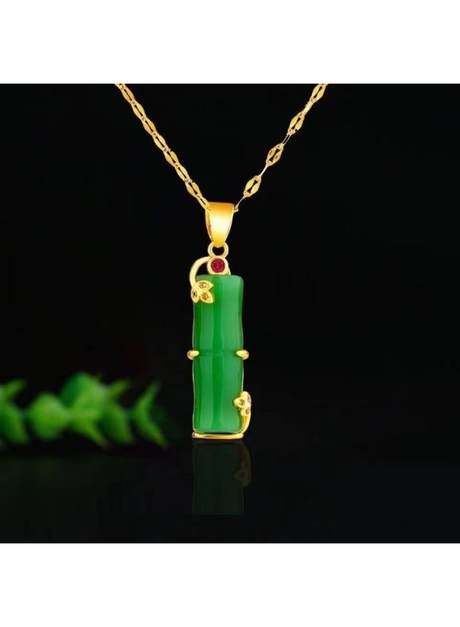Akali Natural Green Jade Bamboo Pendant Necklace with Gold Plating and Gemstone Detail – Symbol of Growth and Prosperity - Image 2