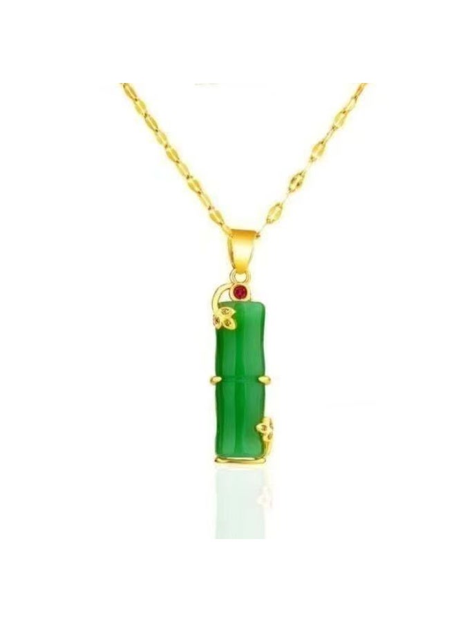 Akali Natural Green Jade Bamboo Pendant Necklace with Gold Plating and Gemstone Detail – Symbol of Growth and Prosperity - Image 3